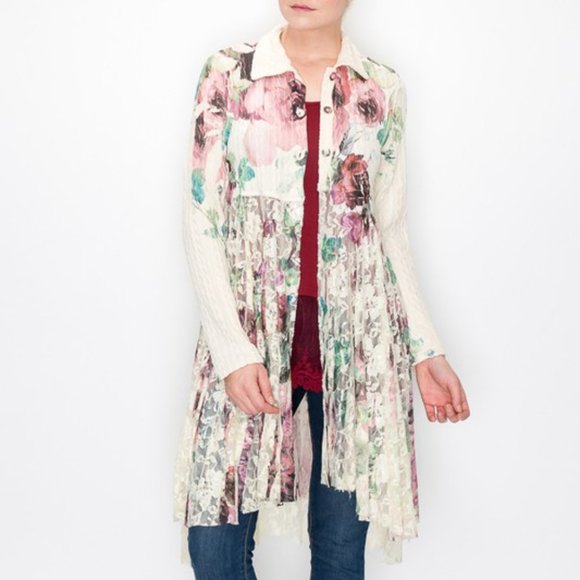 new ORIGAMI SWEATER CARDIGAN DUSTER floral big rose lace boho western SM-3X CHIC - Picture 2 of 6